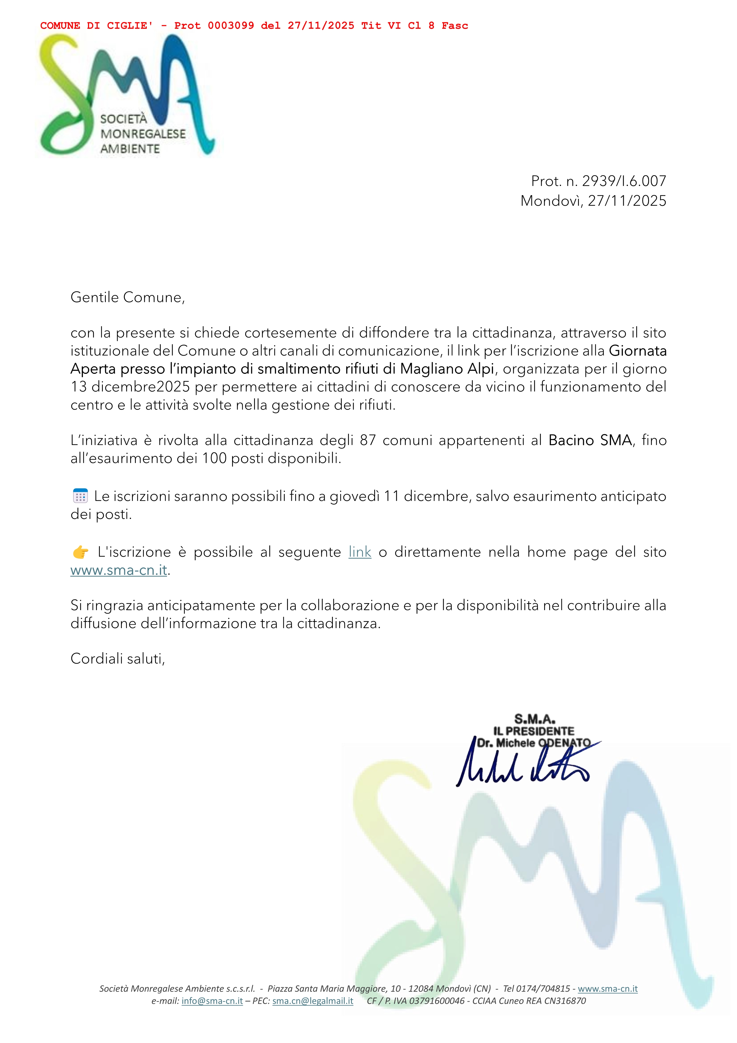 SMA 
Giornata Aperta presso l’impianto di smaltimento rifiuti di Magliano Alpi, 
organizzata per il giorno 13 dicembre 2025

