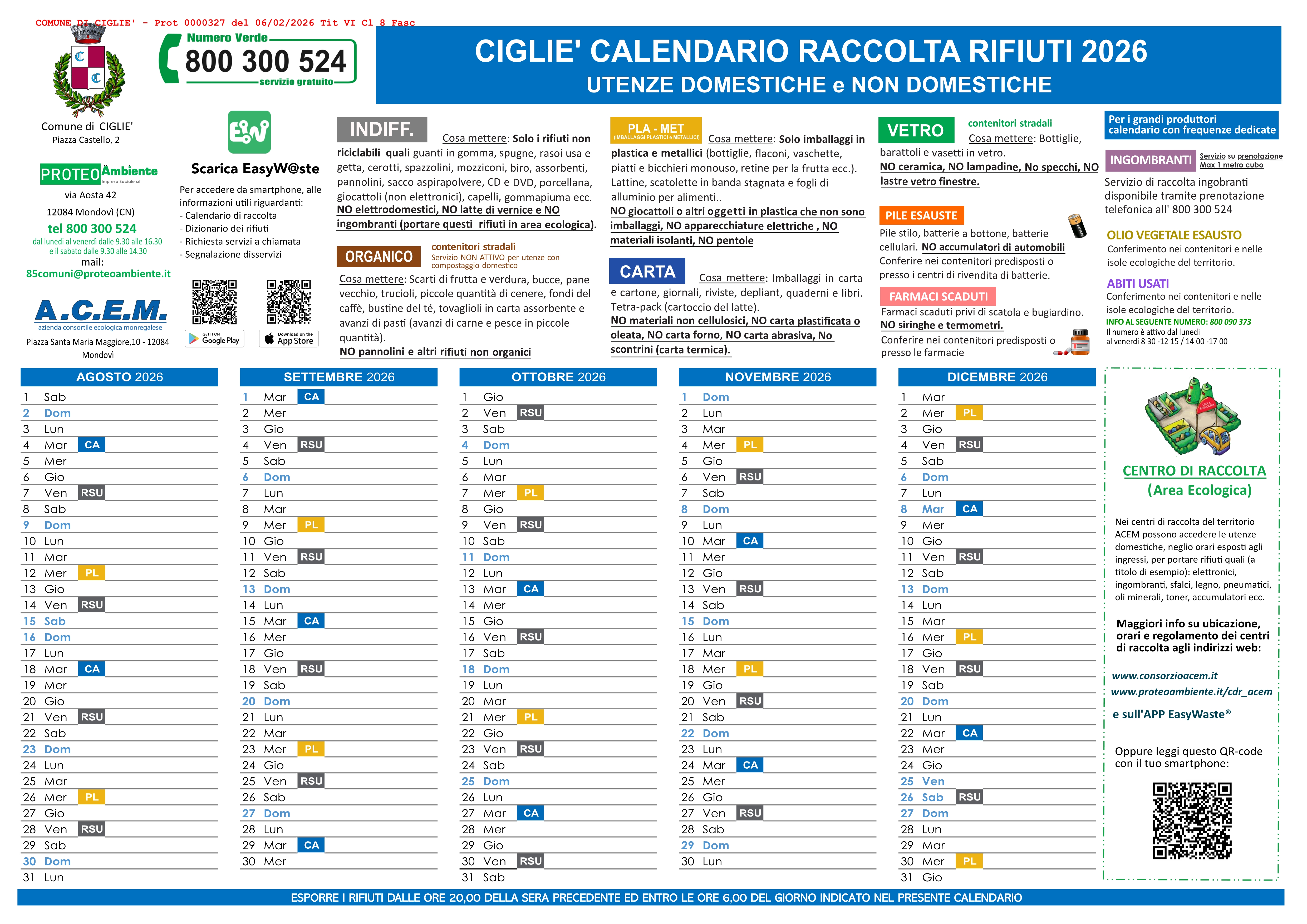Calendario raccolta rifiuti utenze domestiche e non domestiche anno 2026.