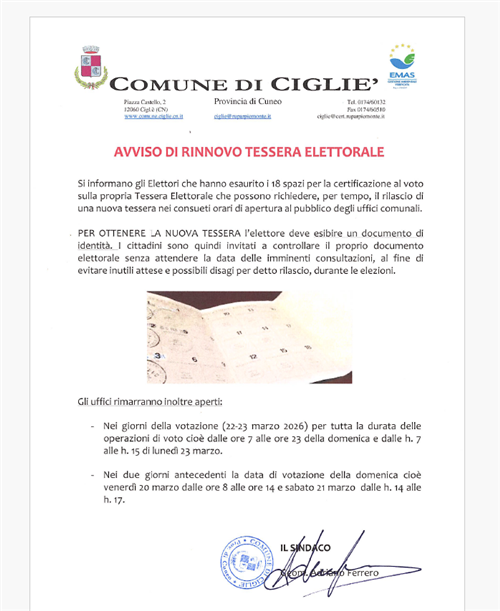 Avviso di rinnovo della tessera elettorale