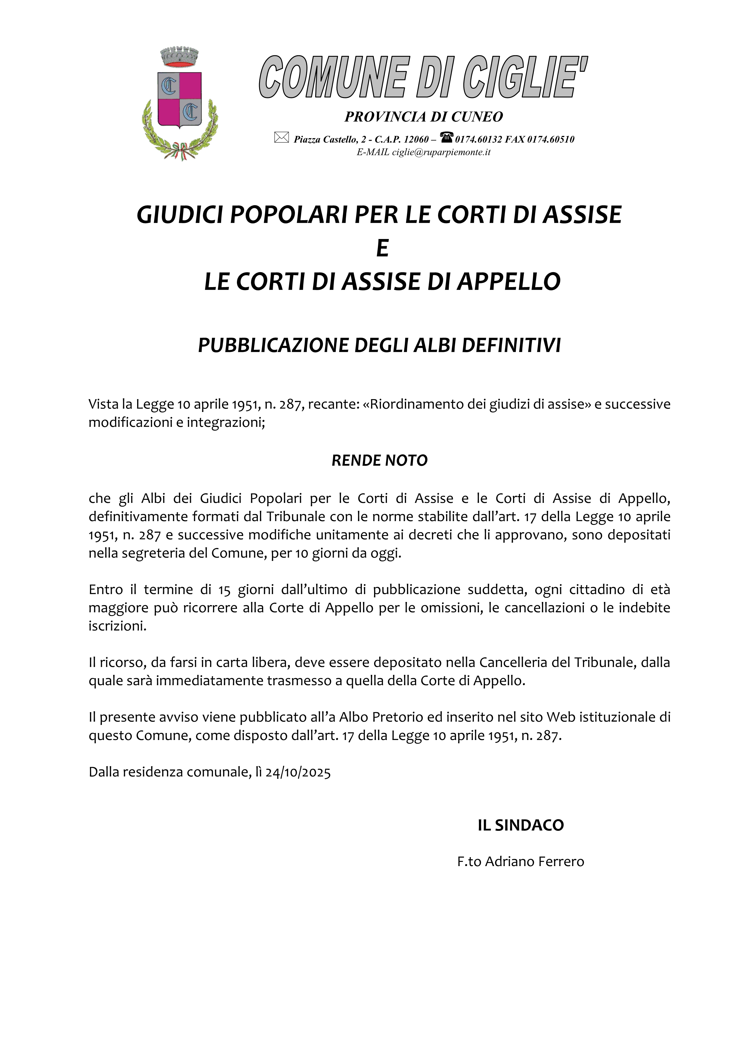 Albo Giudici Popolari Avviso di deposito